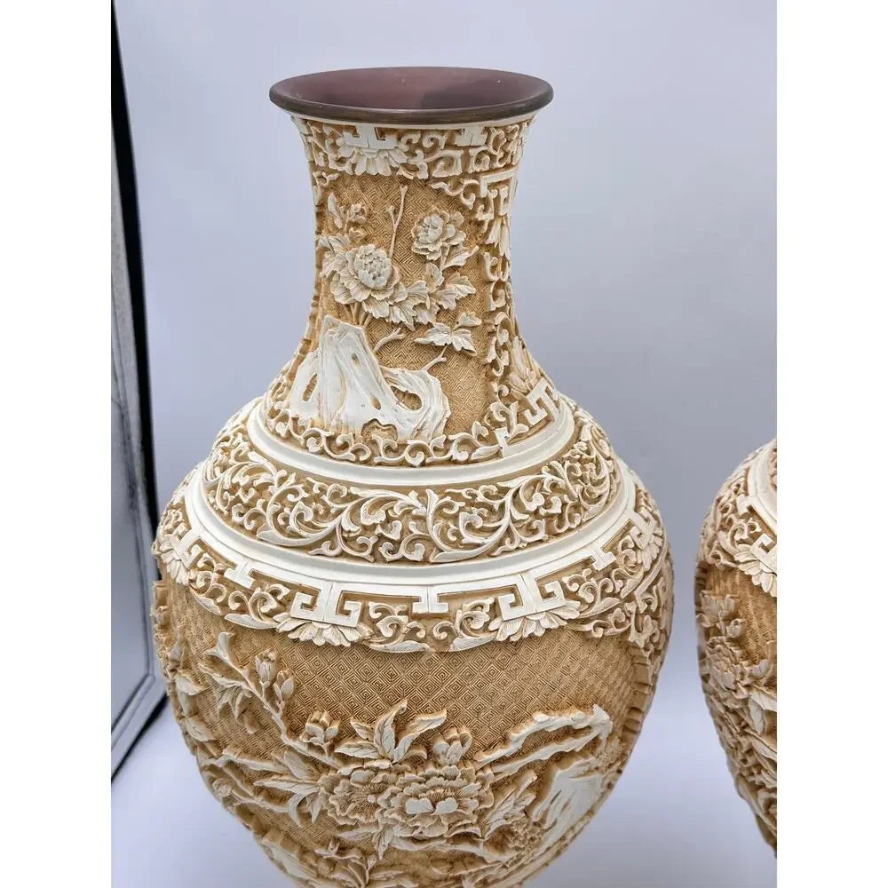 Antique Chinese Hand Carved Lacquered Cinnabar Over Brass Floral Motif Vase Set